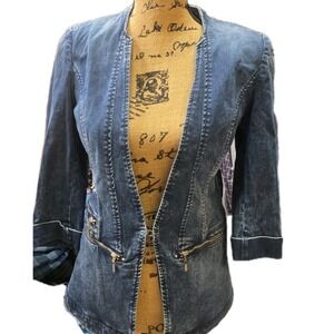 Comfort Denim Distressed Jacket‎ Hook Closure Side Zip Pockets Size Small Blue
